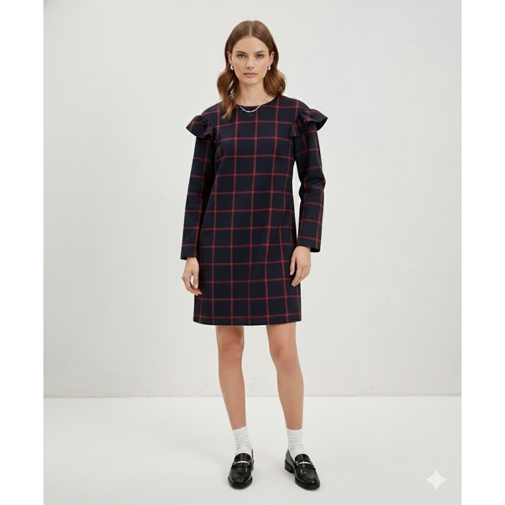 Zara Trafaluc Dress Womens Small Navy Red‎ Windowpane Plaid Ruffle Sleeve Lined